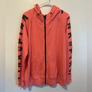 Victoria Secret Pink, Bright Coral w/ Black Lettering, Zip Up Logo Hoodie - SZ L